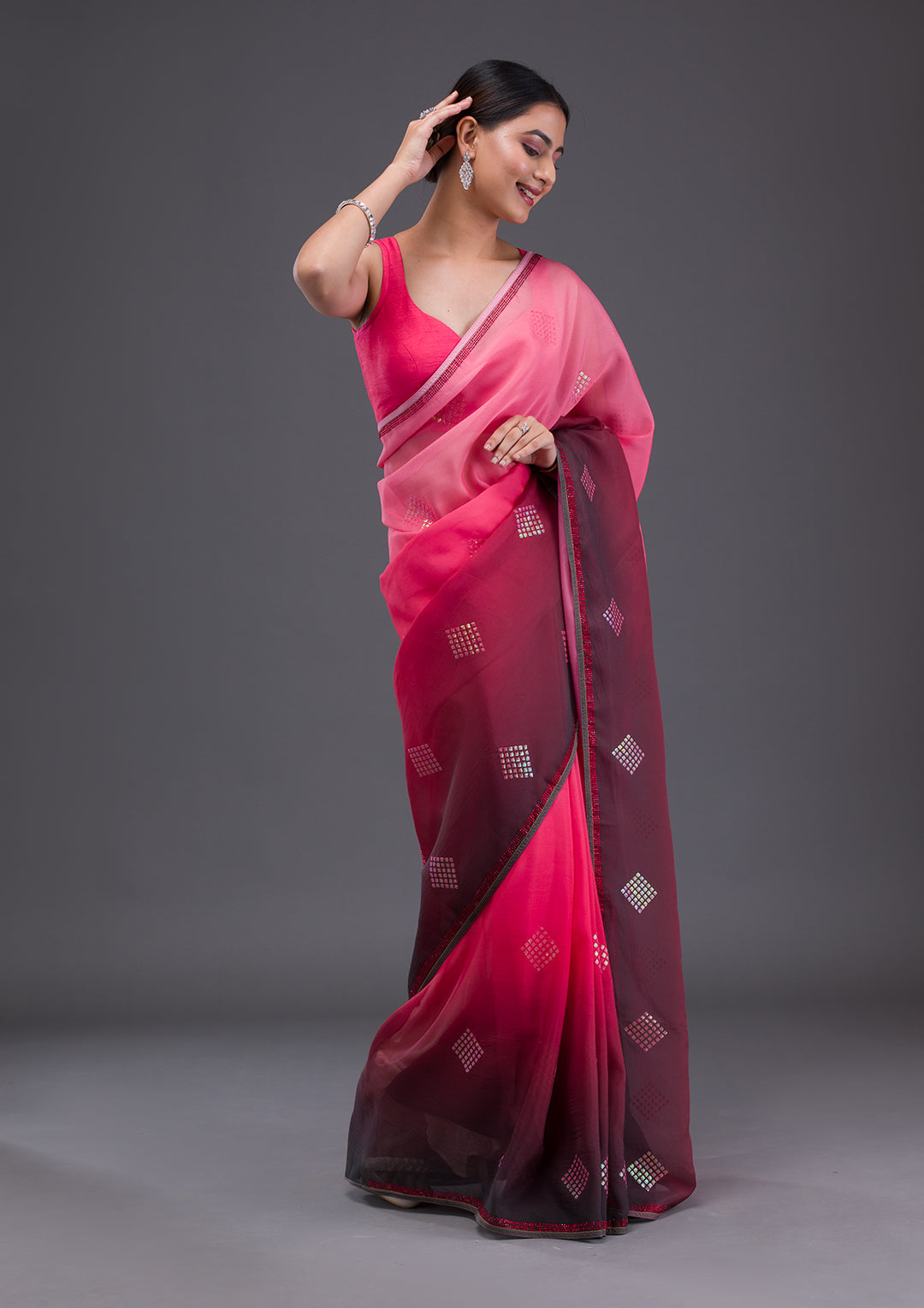 Peach Swarovski Satin Saree