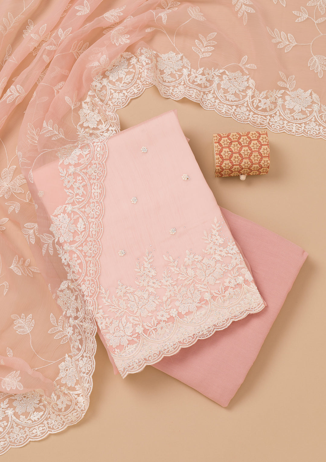 Peach Threadwork Chiffon Unstitched Salwar Suit