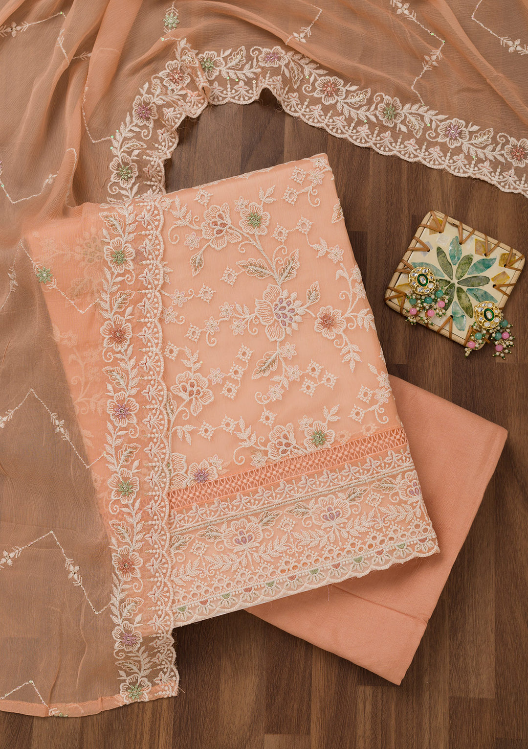 Peach Threadwork Chiffon Unstitched Salwar Suit