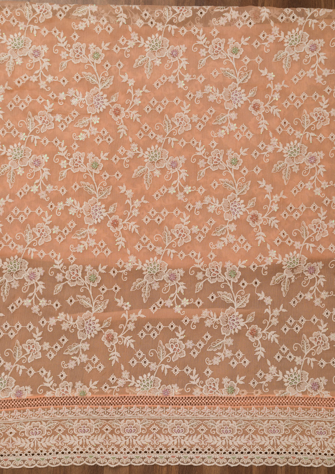Peach Threadwork Chiffon Unstitched Salwar Suit