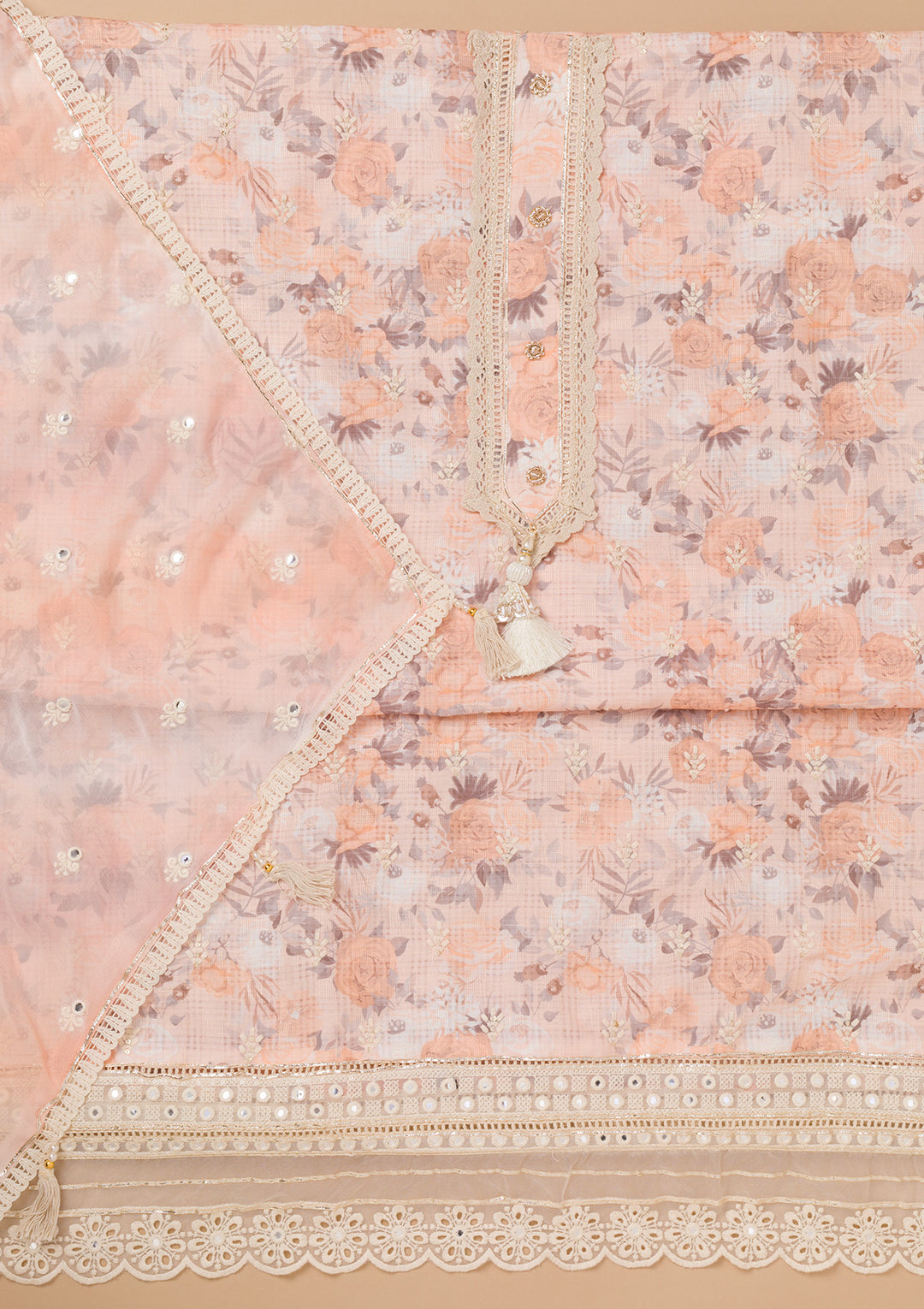 Peach Threadwork Cotton Unstitched Salwar Suit
