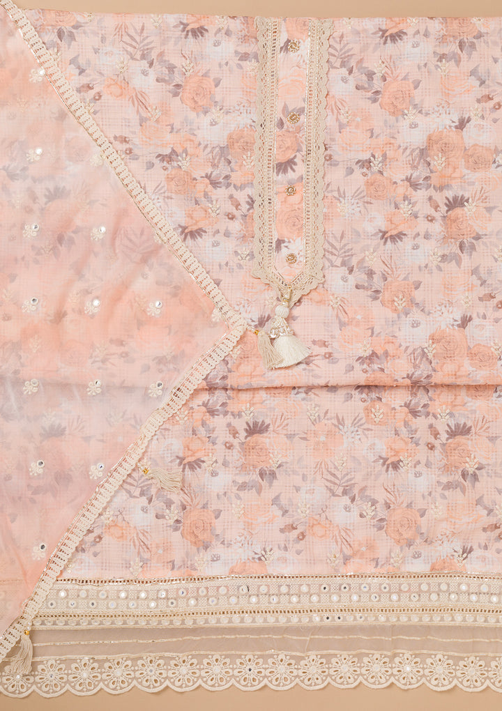 Peach Threadwork Cotton Unstitched Salwar Suit