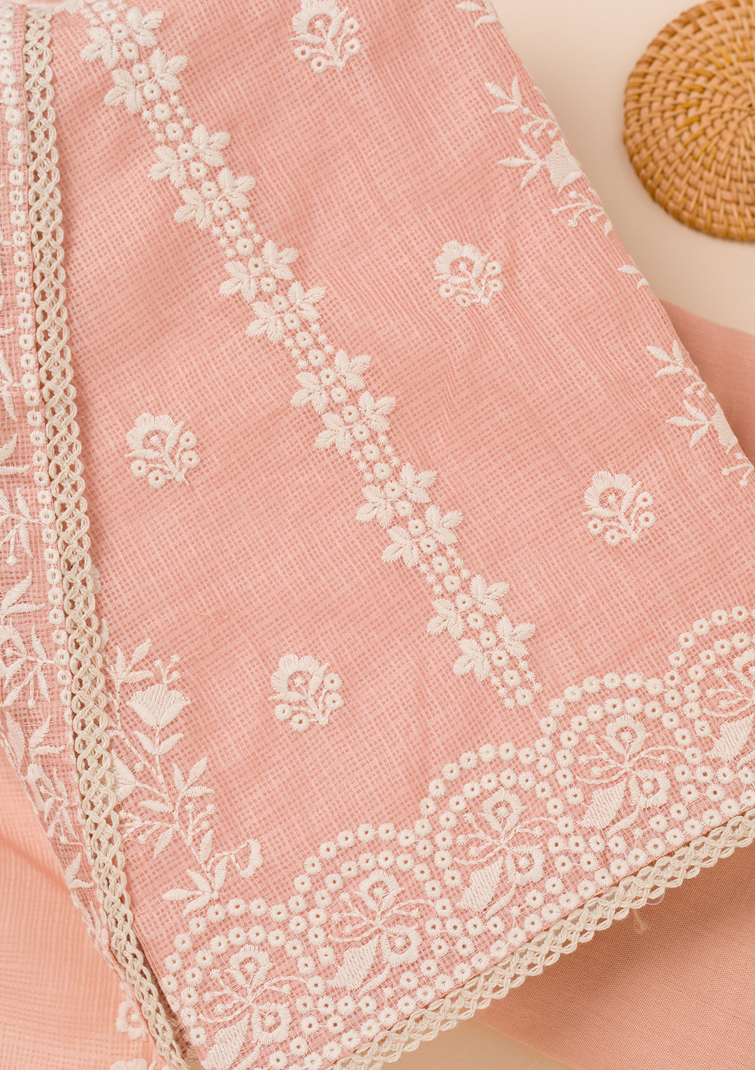 Peach Threadwork Cotton Blend Unstitched Salwar Suit