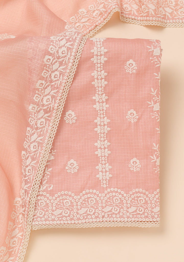 Peach Threadwork Cotton Blend Unstitched Salwar Suit