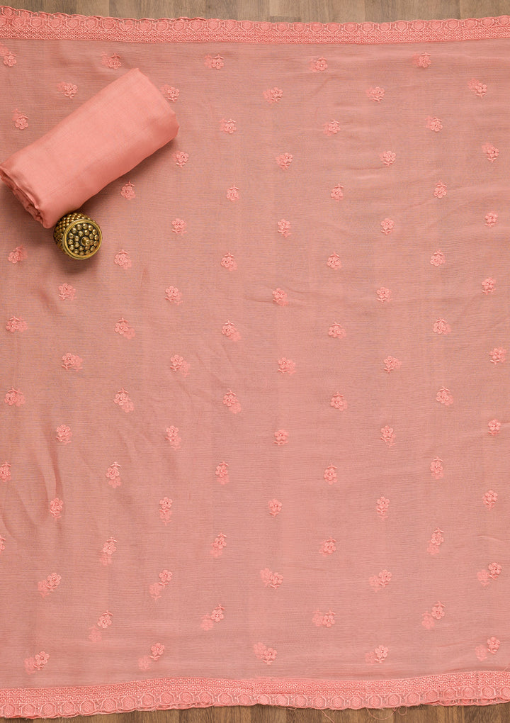 Peach Threadwork Organza Unstitched Salwar Suit