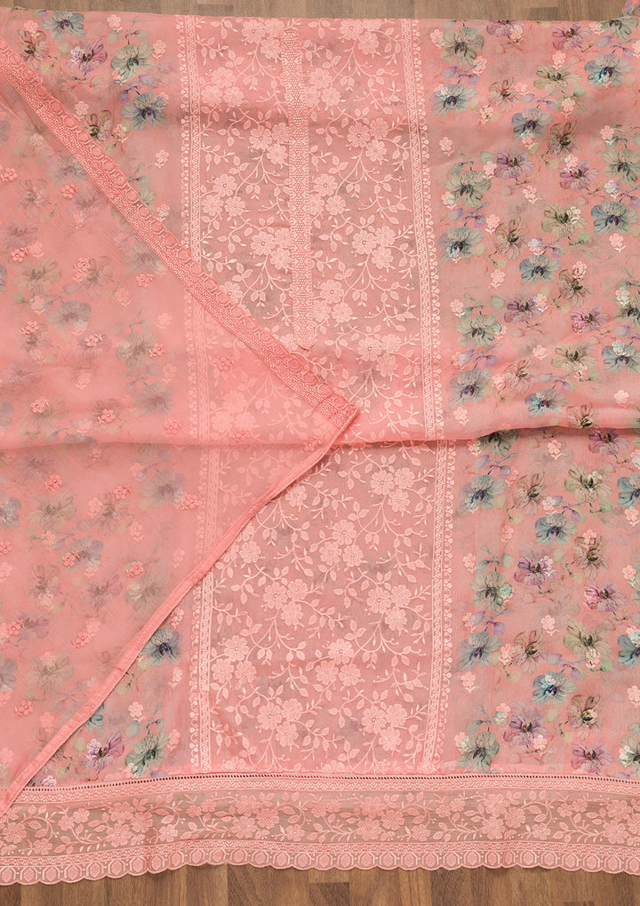 Peach Threadwork Organza Unstitched Salwar Suit