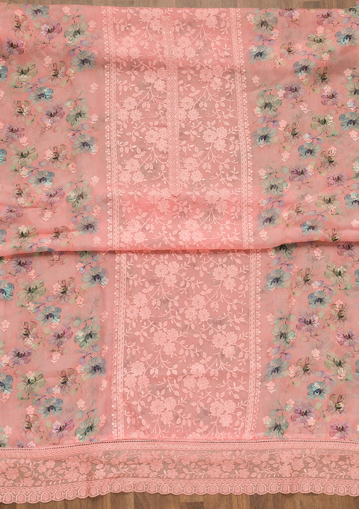 Peach Threadwork Organza Unstitched Salwar Suit