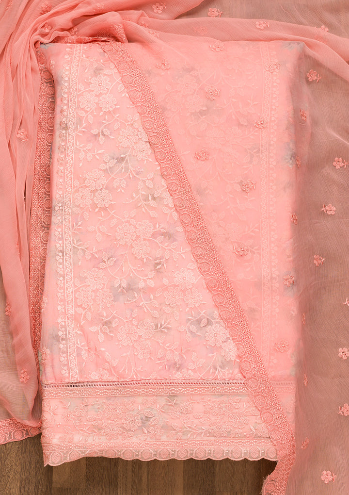 Peach Threadwork Organza Unstitched Salwar Suit
