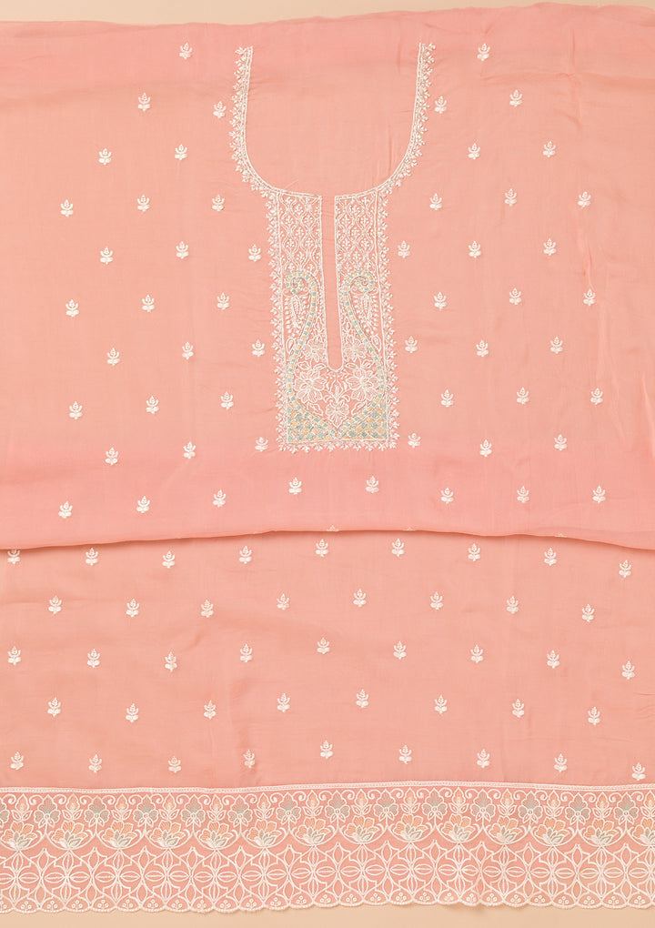 Peach Threadwork Organza Unstitched Salwar Suit