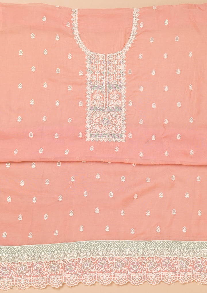 Peach Threadwork Organza Unstitched Salwar Suit