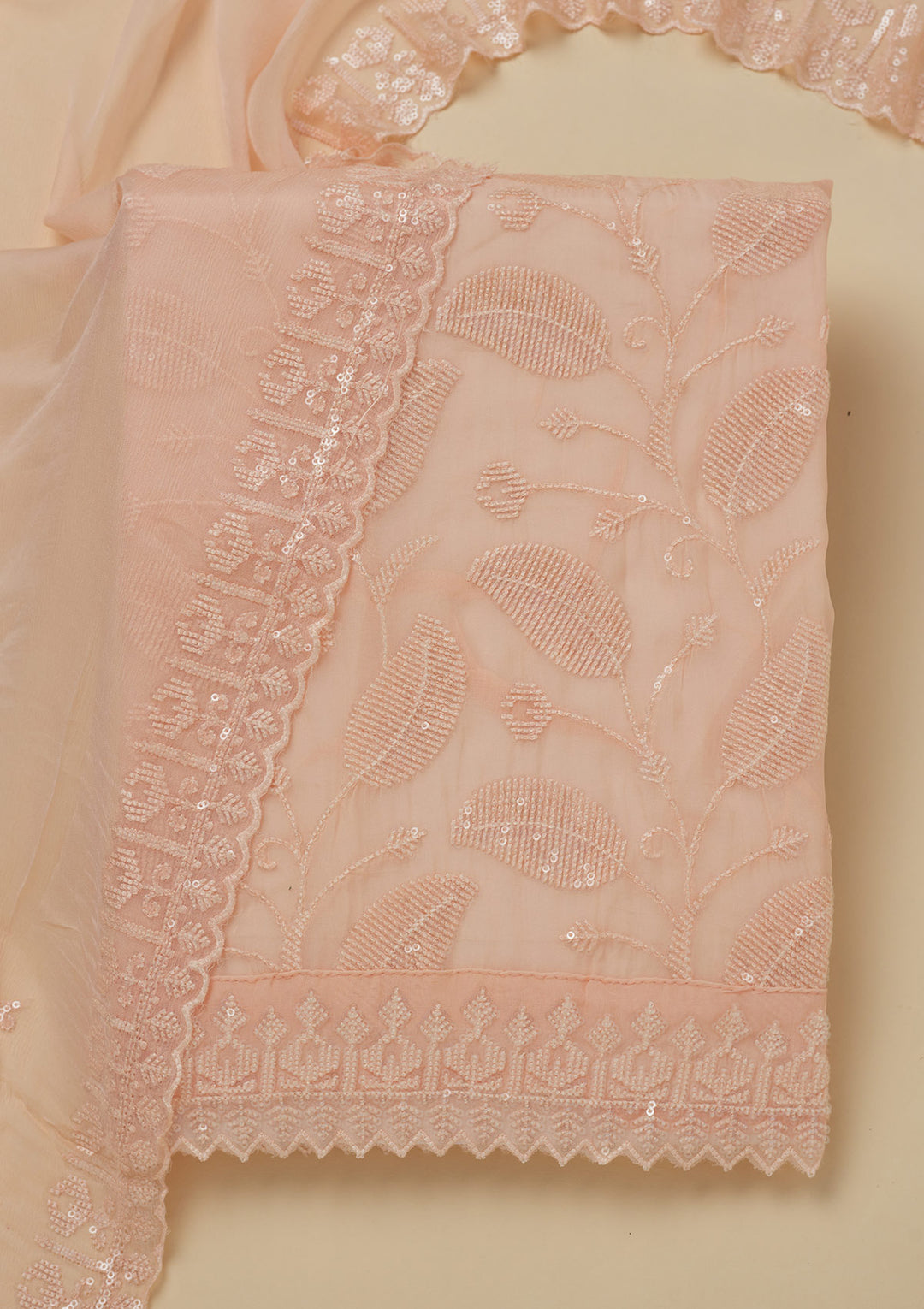 Peach Threadwork Organza Unstitched Salwar Suit