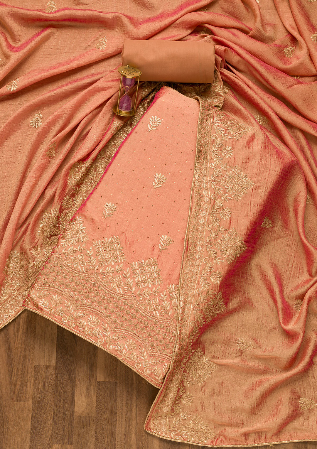 Peach Zariwork Art Silk Unstitched Salwar Suit-Koskii