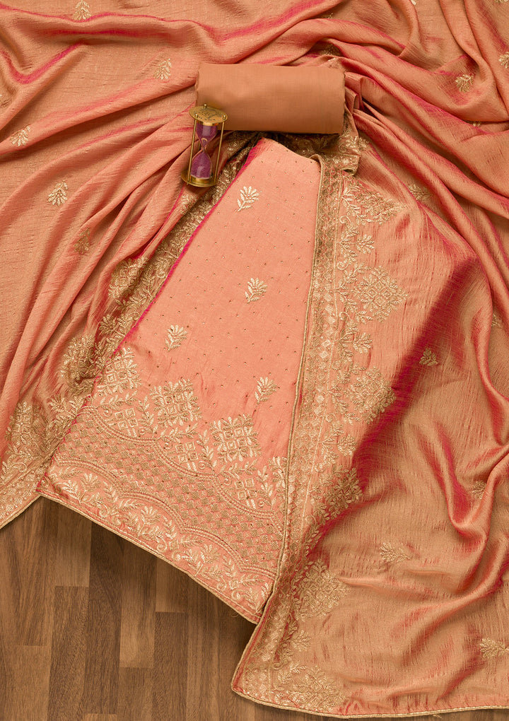 Peach Zariwork Art Silk Unstitched Salwar Suit-Koskii