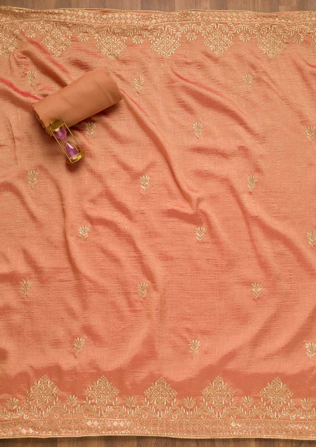Peach Zariwork Art Silk Unstitched Salwar Suit