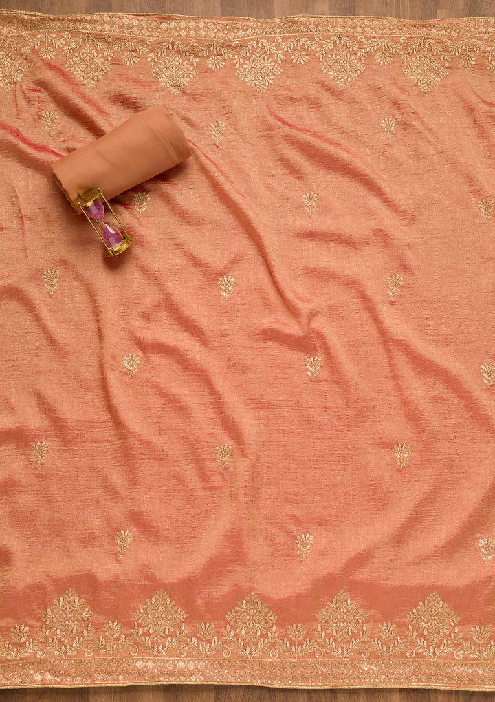 Peach Zariwork Art Silk Unstitched Salwar Suit