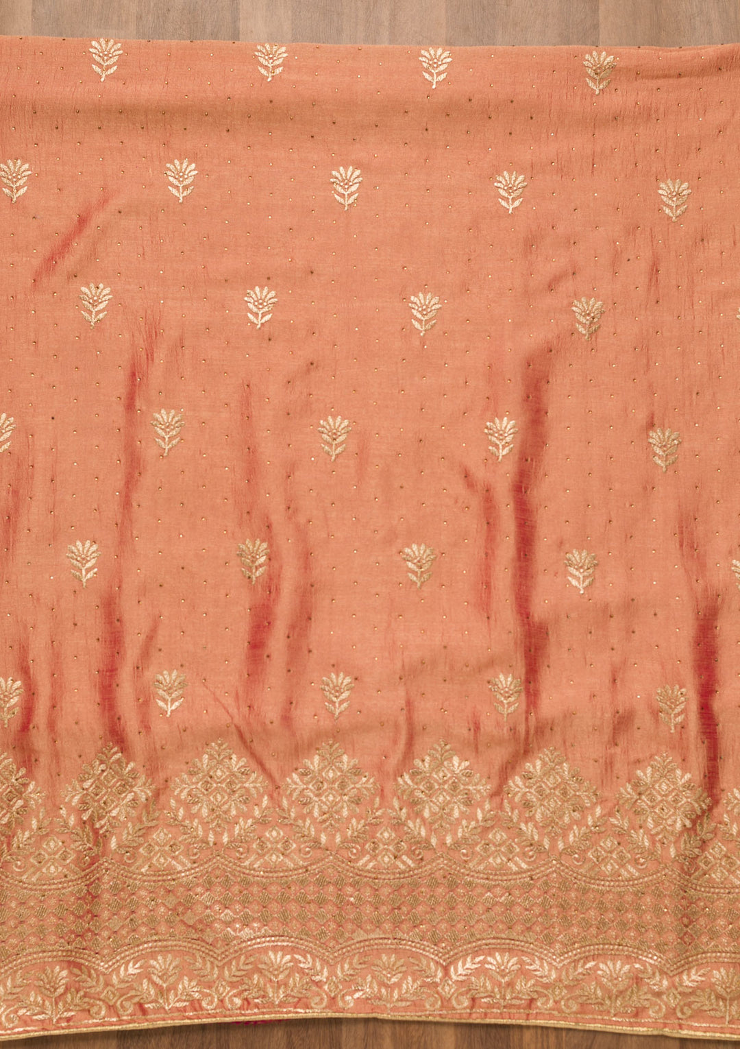 Peach Zariwork Art Silk Unstitched Salwar Suit