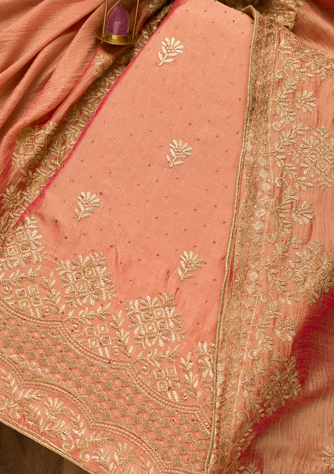 Peach Zariwork Art Silk Unstitched Salwar Suit