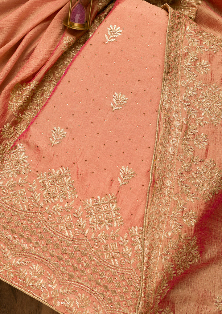 Peach Zariwork Art Silk Unstitched Salwar Suit