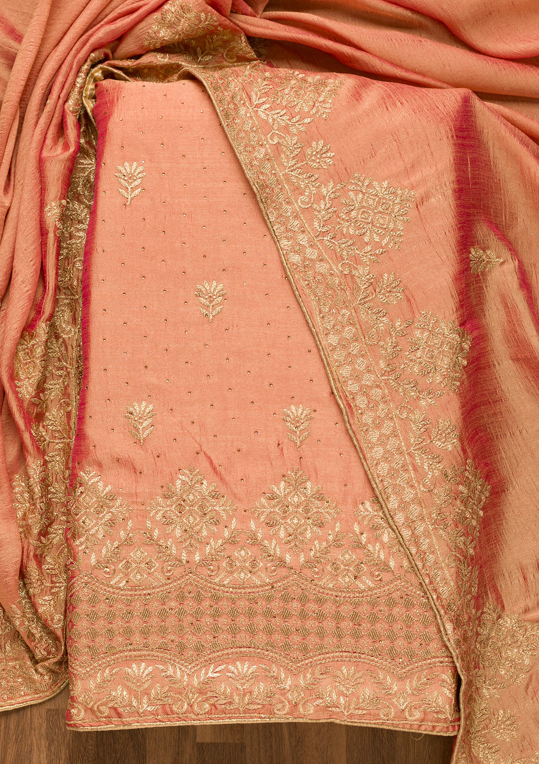 Peach Zariwork Art Silk Unstitched Salwar Suit