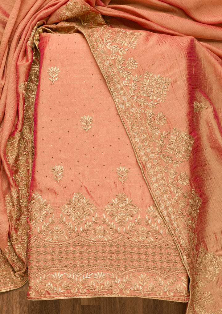 Peach Zariwork Art Silk Unstitched Salwar Suit