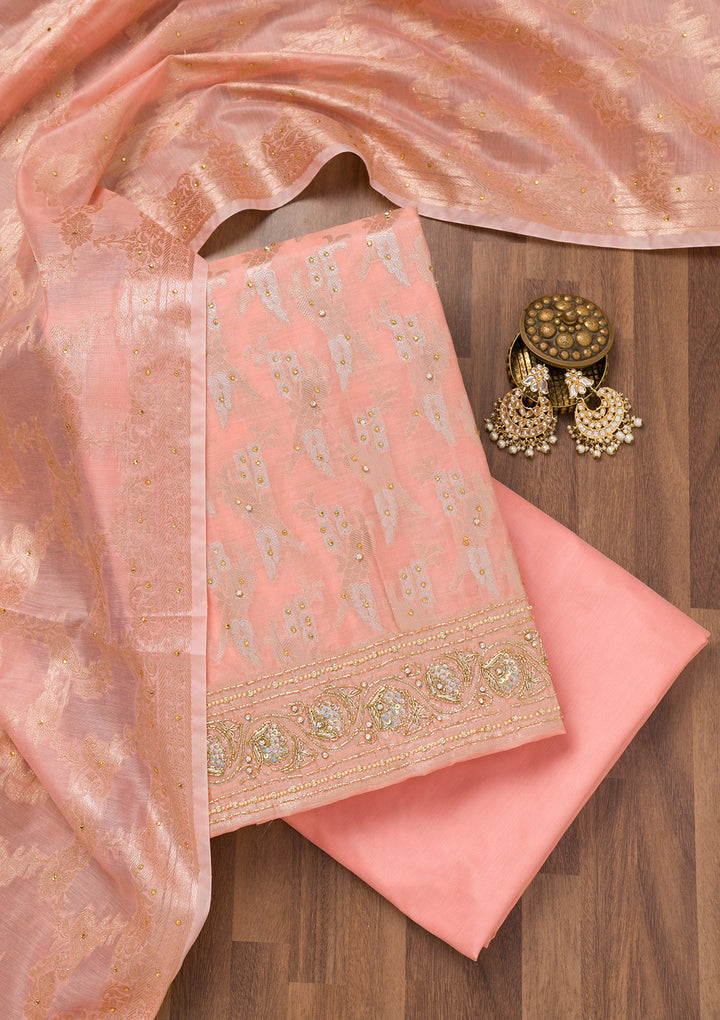 Peach Zariwork Banarasi Unstitched Salwar Suit