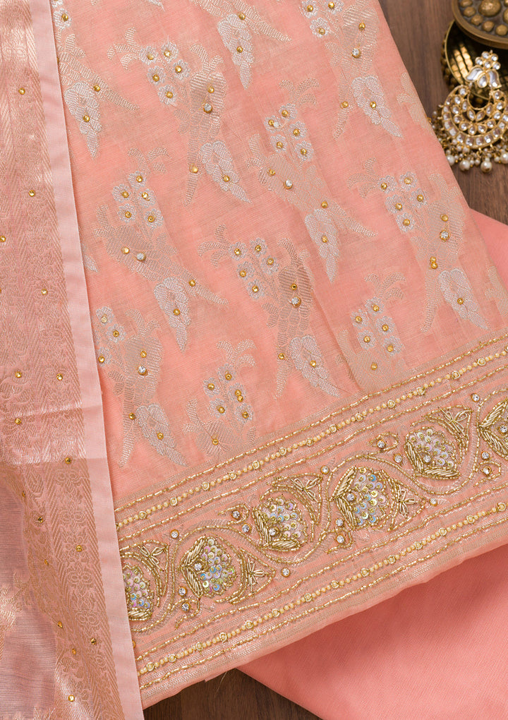 Peach Zariwork Banarasi Unstitched Salwar Suit