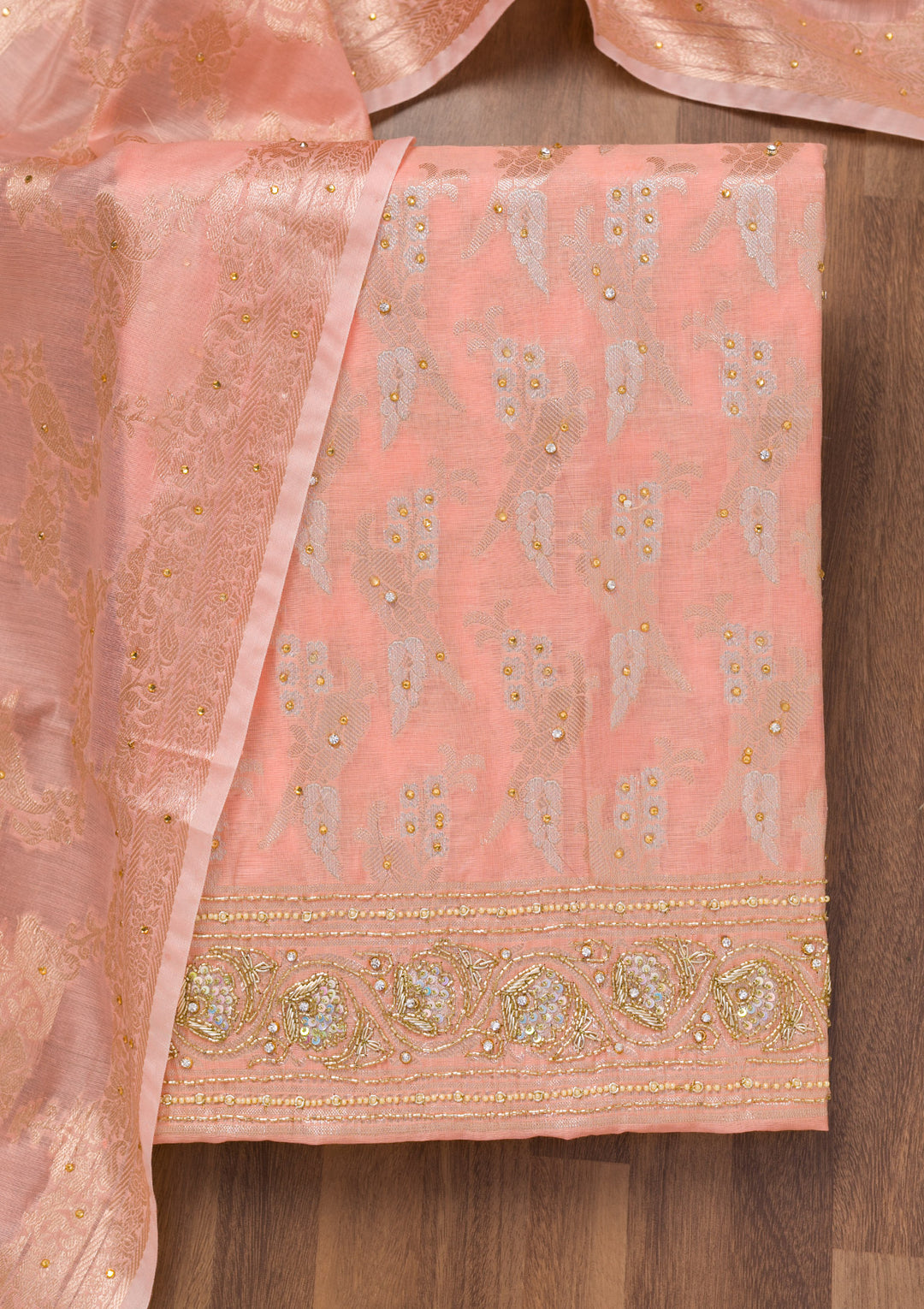 Peach Zariwork Banarasi Unstitched Salwar Suit