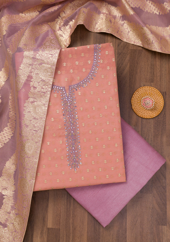 Peach Zariwork Banarasi Unstitched Salwar Suit