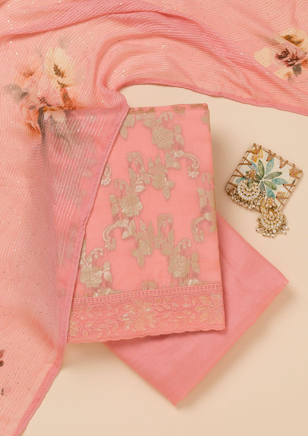 Peach Zariwork Georgette Unstitched Salwar Suit