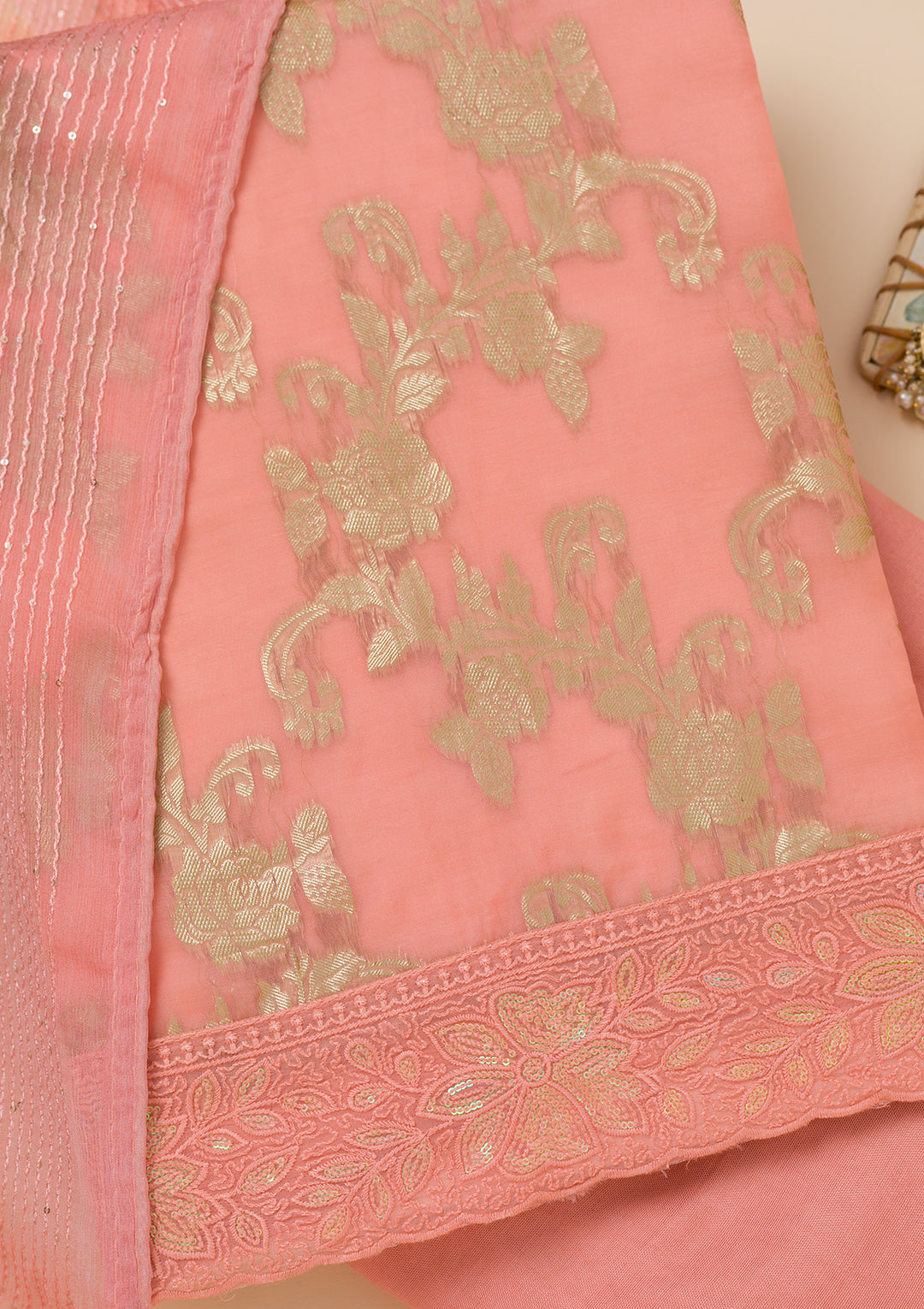 Peach Zariwork Georgette Unstitched Salwar Suit