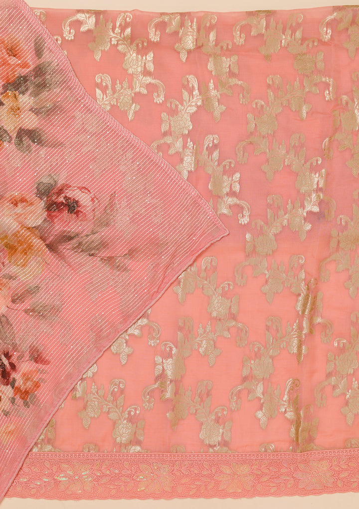 Peach Zariwork Georgette Unstitched Salwar Suit