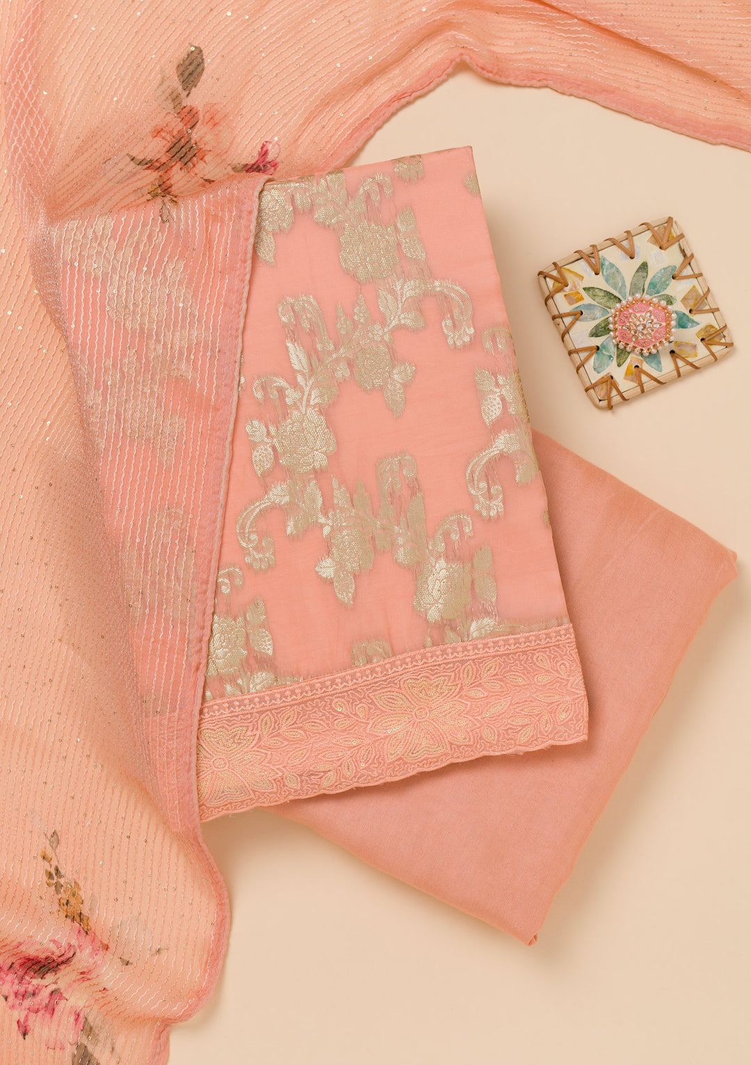 Peach Zariwork Georgette Unstitched Salwar Suit