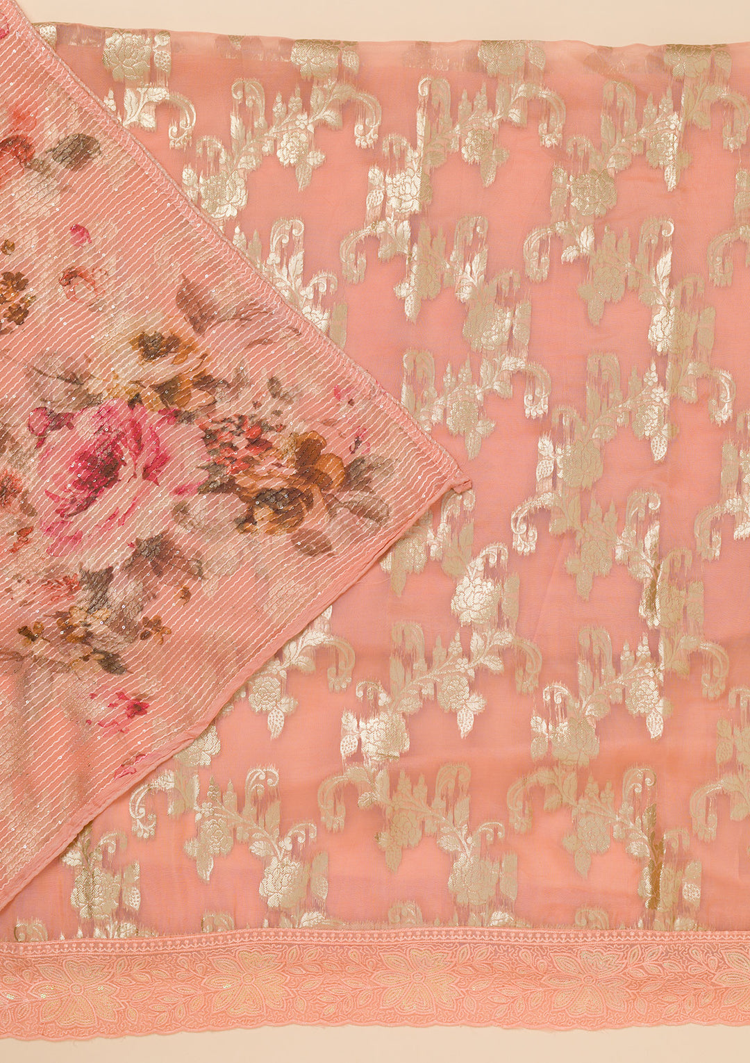 Peach Zariwork Georgette Unstitched Salwar Suit