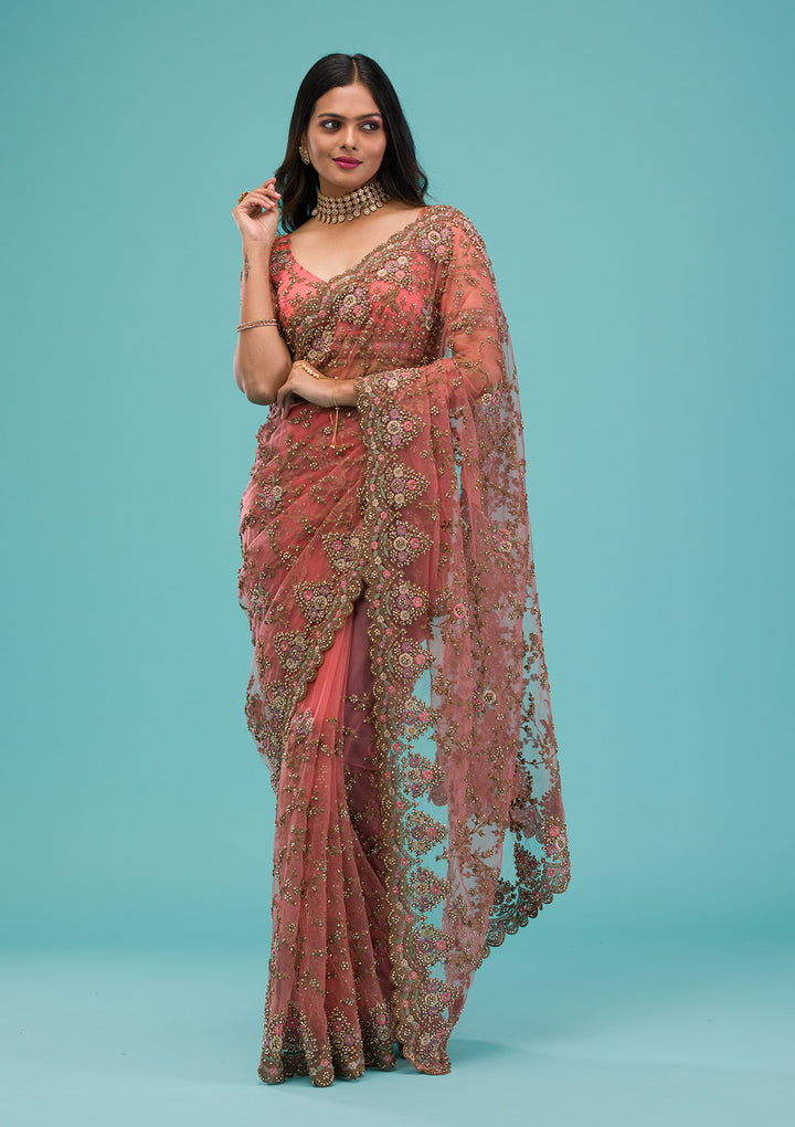 Peach Zariwork Net Saree