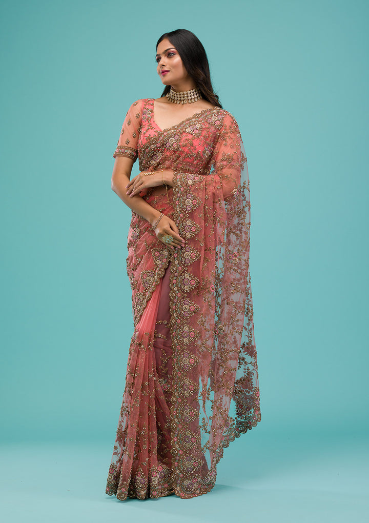 Peach Zariwork Net Saree