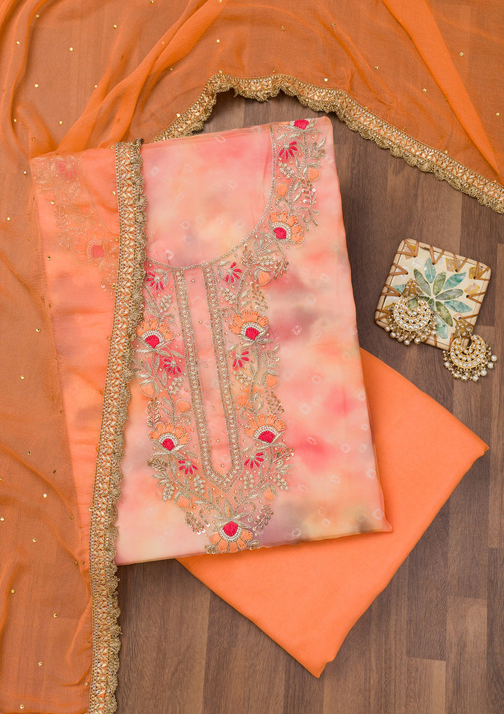Peach Zariwork Organza Unstitched Salwar Suit