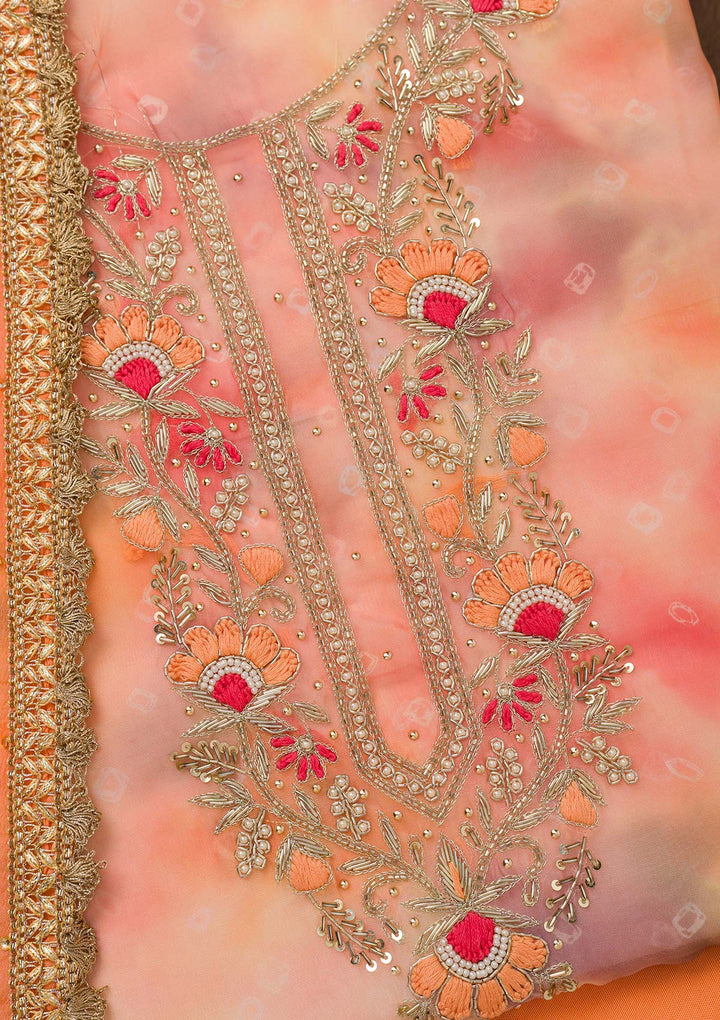 Peach Zariwork Organza Unstitched Salwar Suit