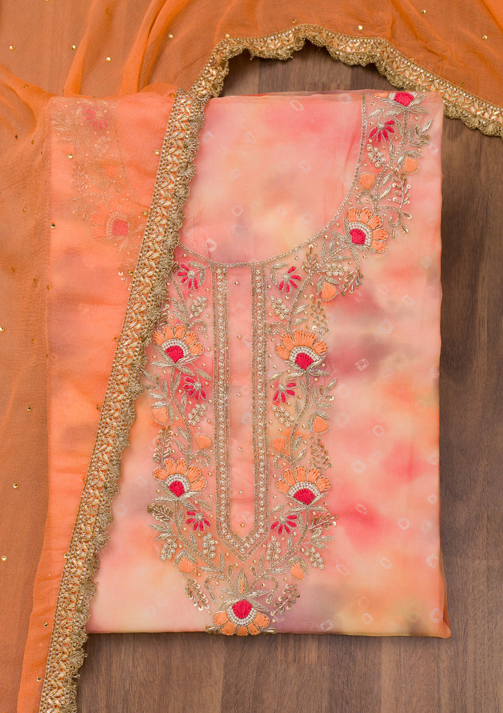 Peach Zariwork Organza Unstitched Salwar Suit
