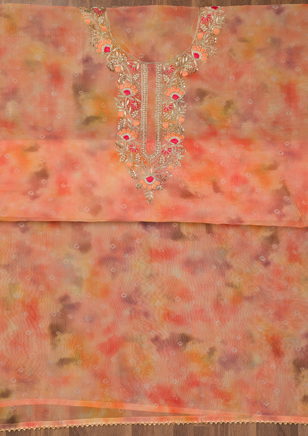 Peach Zariwork Organza Unstitched Salwar Suit