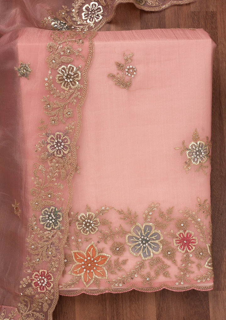 Peach Zariwork Semi Crepe Unstitched Salwar Suit