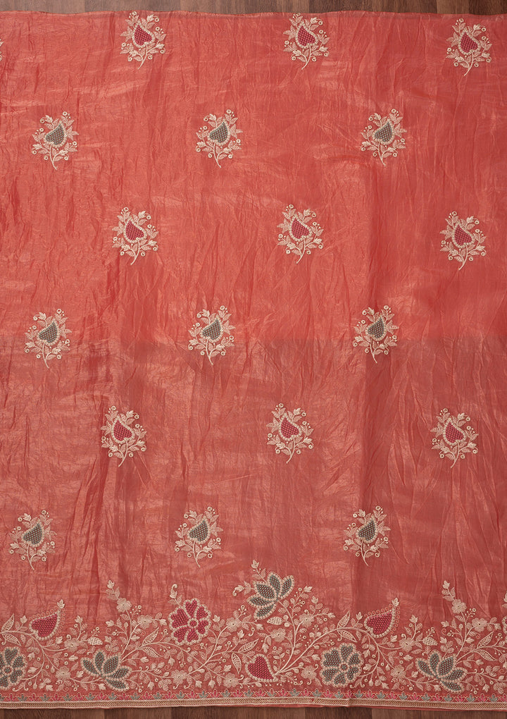Peach Zariwork Semi Crepe Unstitched Salwar Suit