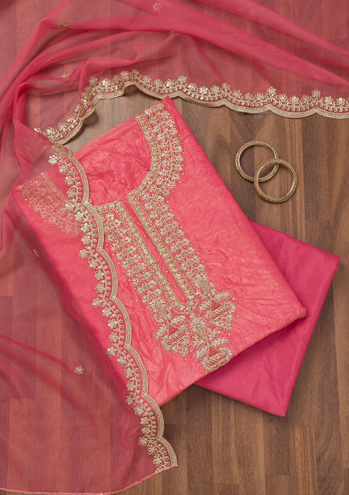 Peach Zariwork Tissue Unstitched Salwar Suit