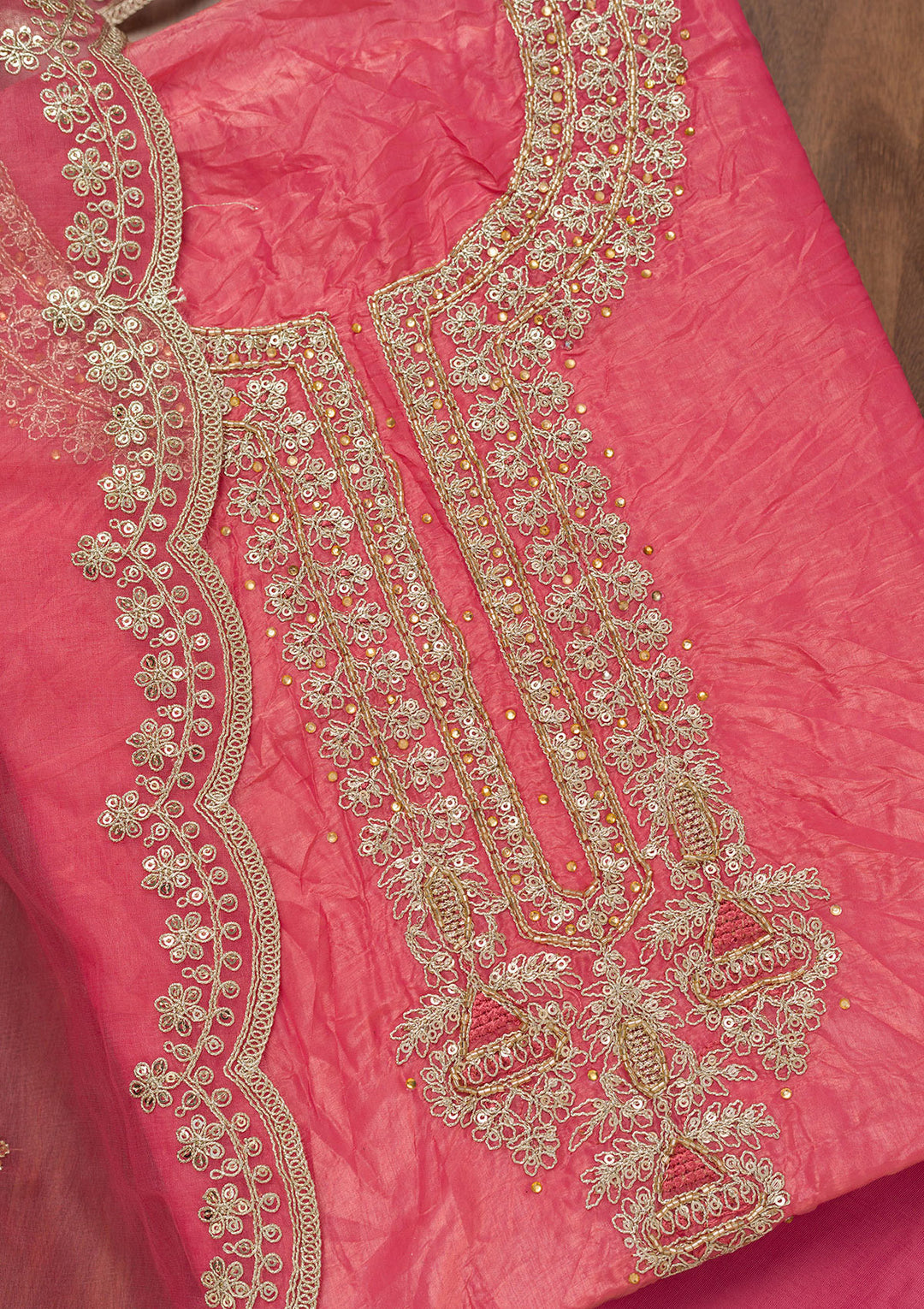 Peach Zariwork Tissue Unstitched Salwar Suit