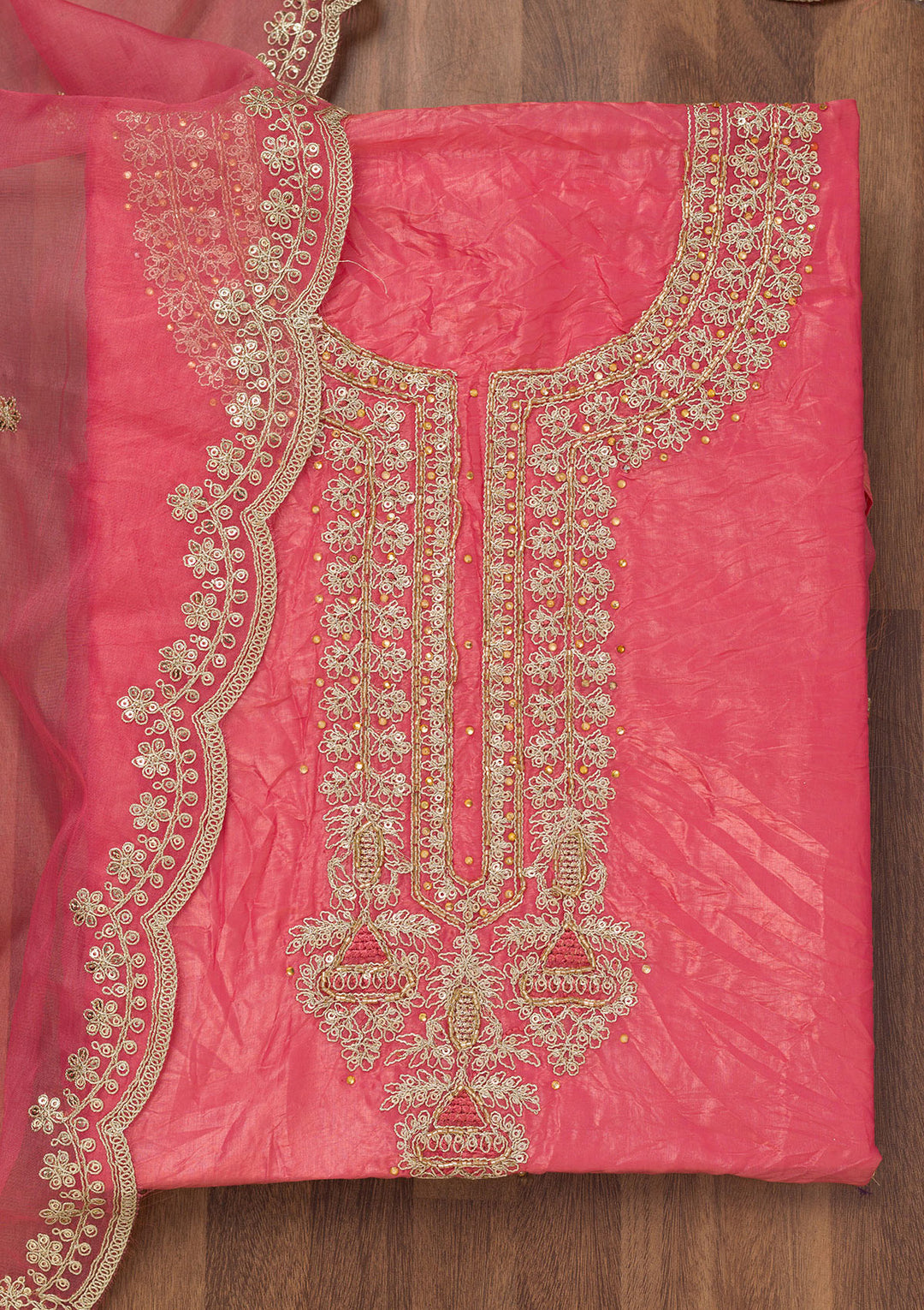 Peach Zariwork Tissue Unstitched Salwar Suit