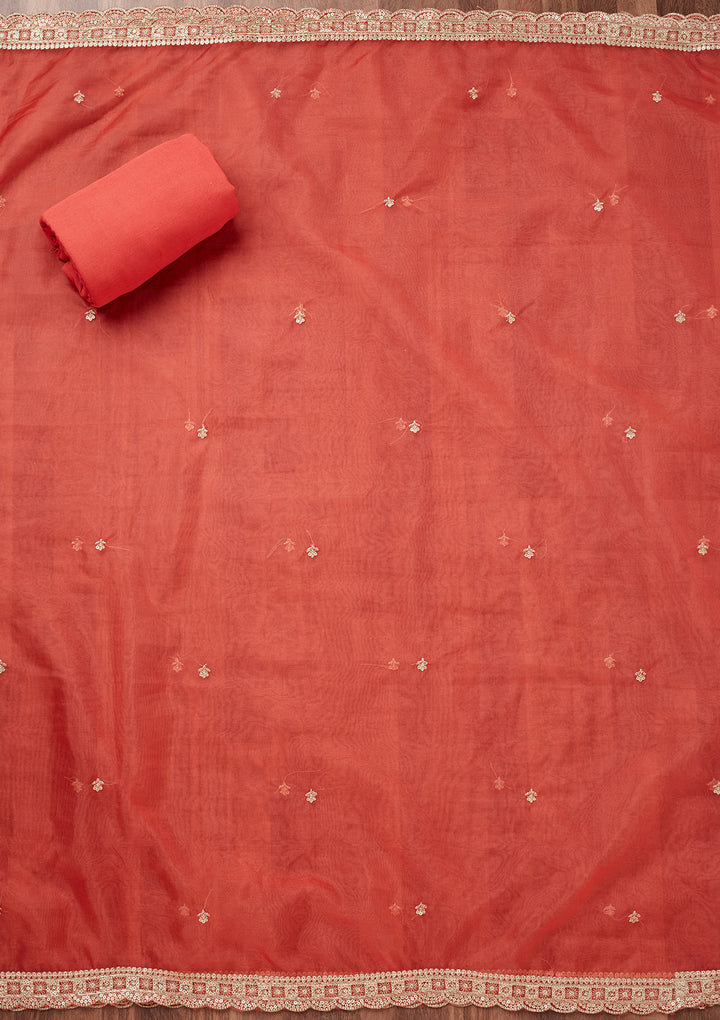 Peach and Parrot Green Zariwork Tissue Unstitched Salwar Suit