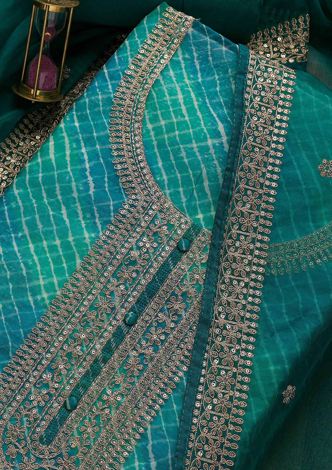 Peacock Blue Printed Tissue Unstitched Salwar Suit