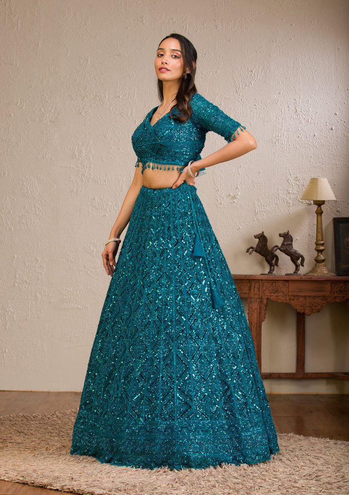 Peacock Blue Sequins Net Readymade Lehenga