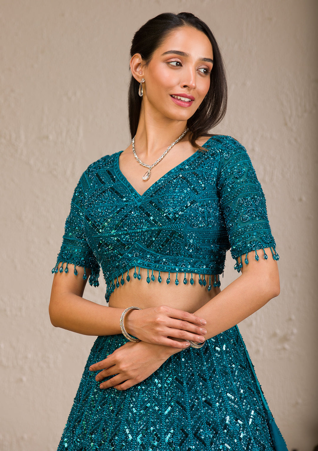 Peacock Blue Sequins Net Readymade Lehenga