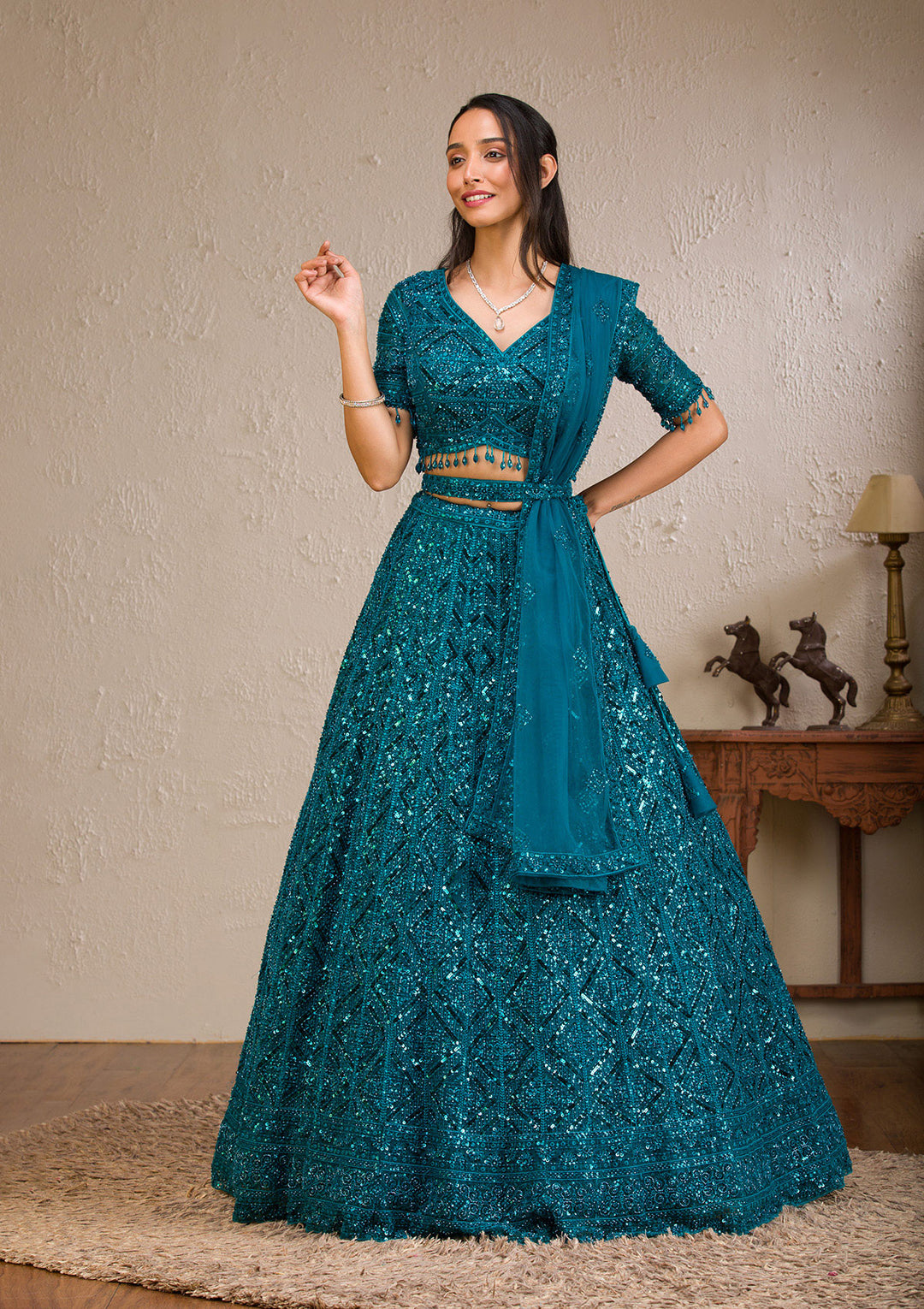 Peacock Blue Sequins Net Readymade Lehenga