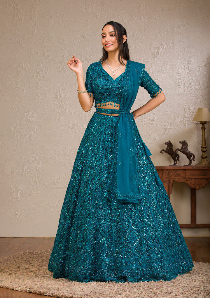 Peacock Blue Sequins Net Readymade Lehenga